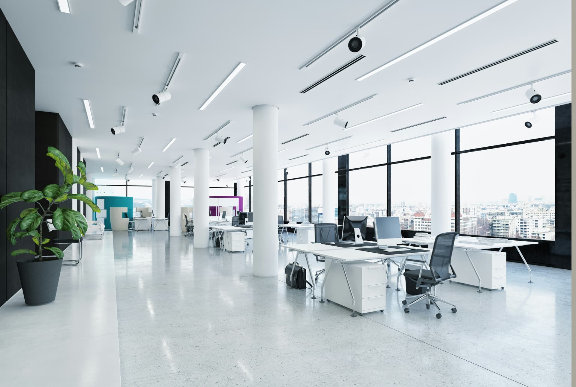 Piso de oficinas recién terminado y limpio tras el servicio de limpieza post-obra