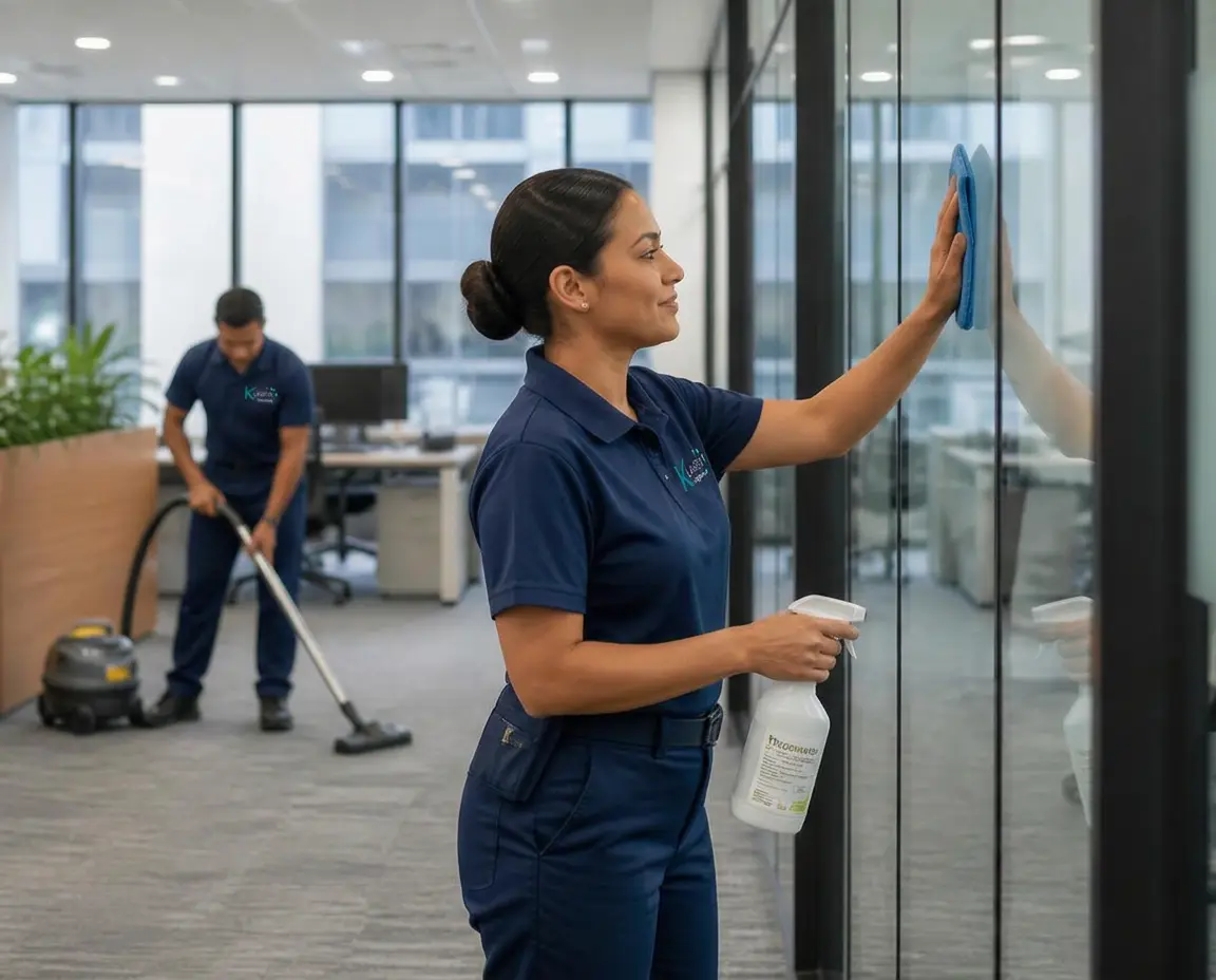 Personal de Klaren con uniforme y logo de la empresa limpiando una oficina corporativa
